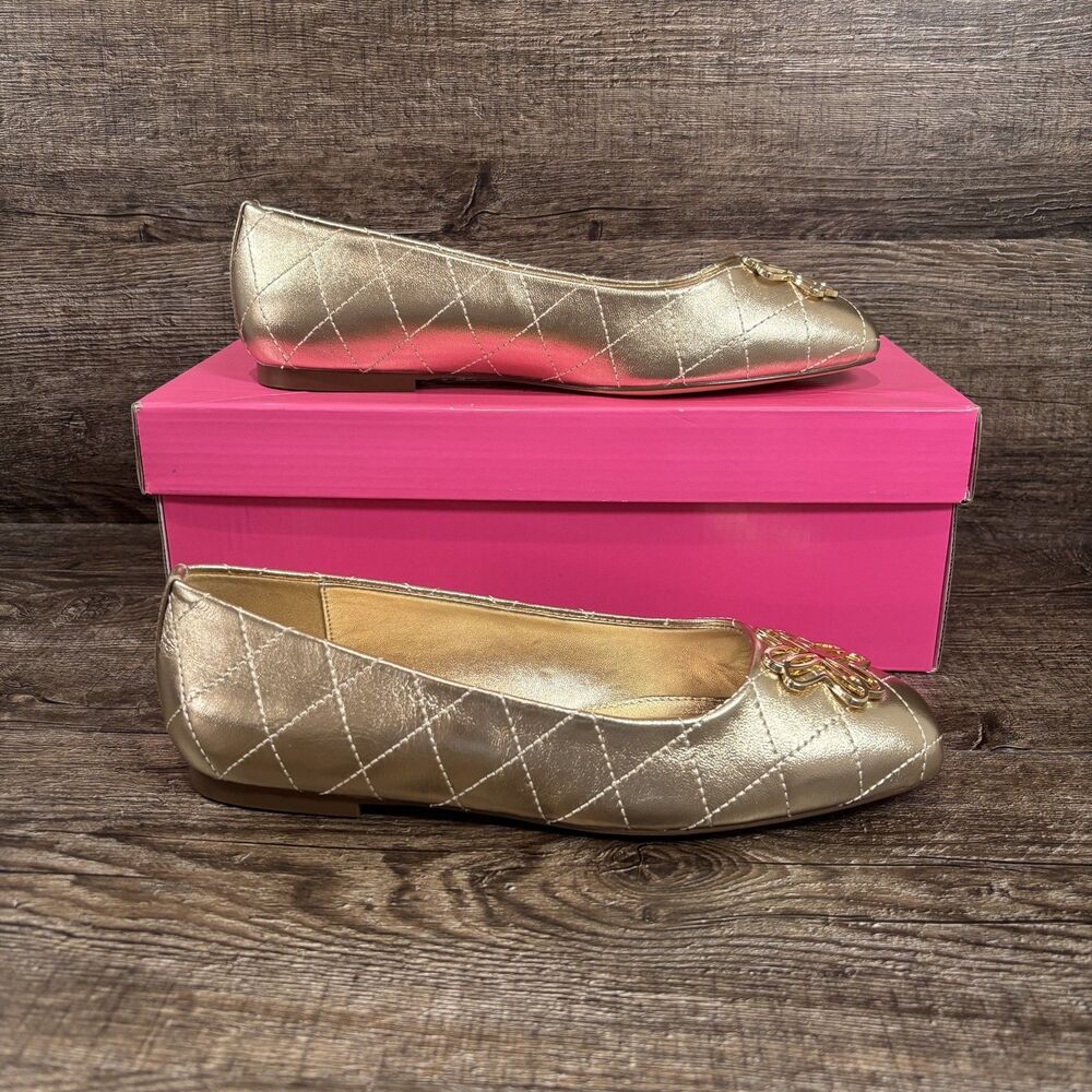Lilly Pulitzer Patina Ballet Flats Shoes Women's 7 Gold Metallic Leather Logo